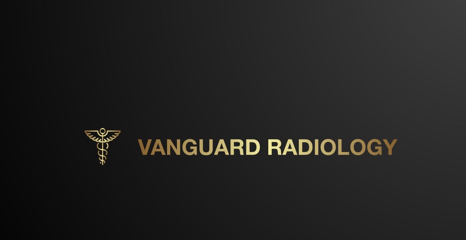 Vanguard Radiology logo with a gold caduceus symbol on a black background.