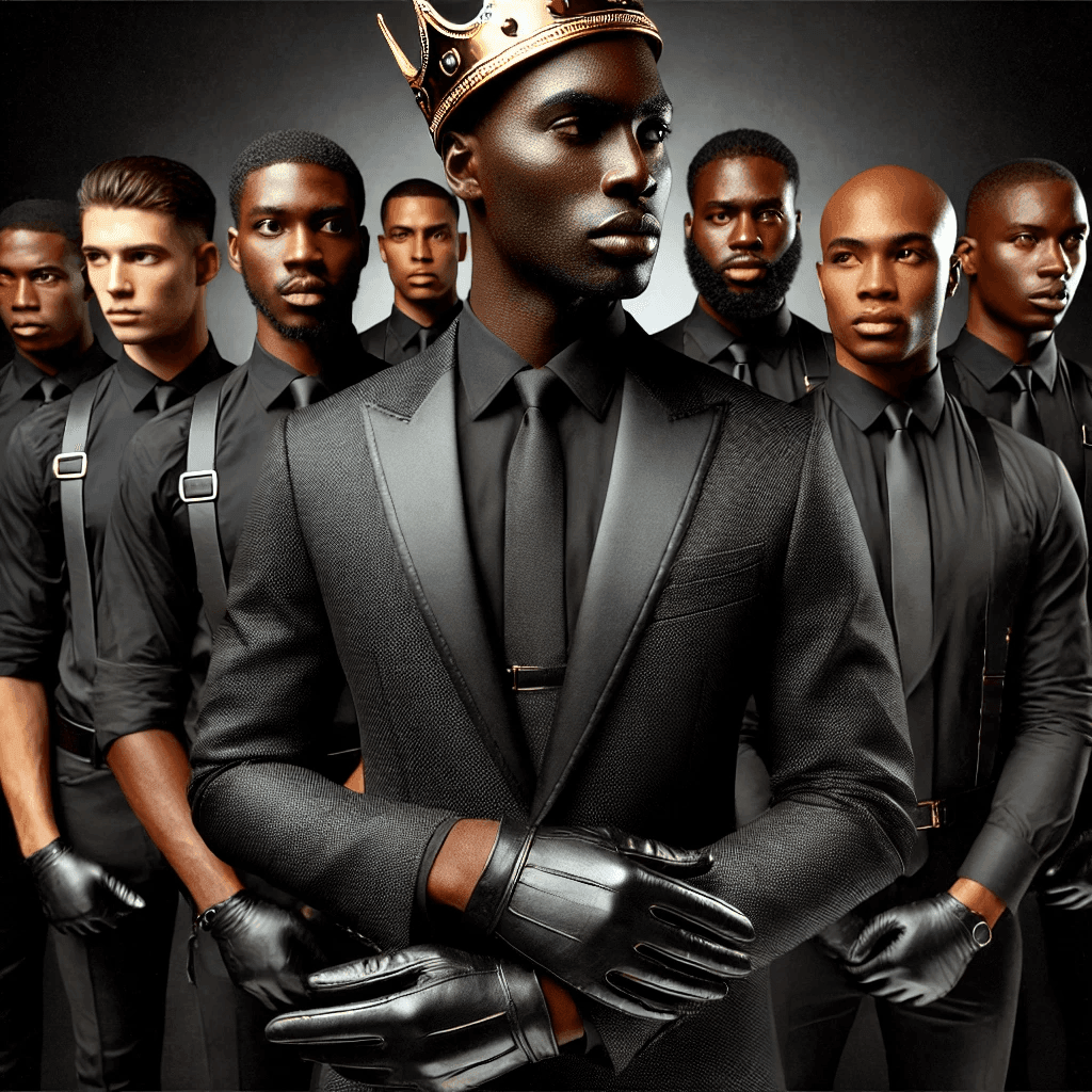 Group of men in black suits and gloves, with one wearing a crown, standing confidently.